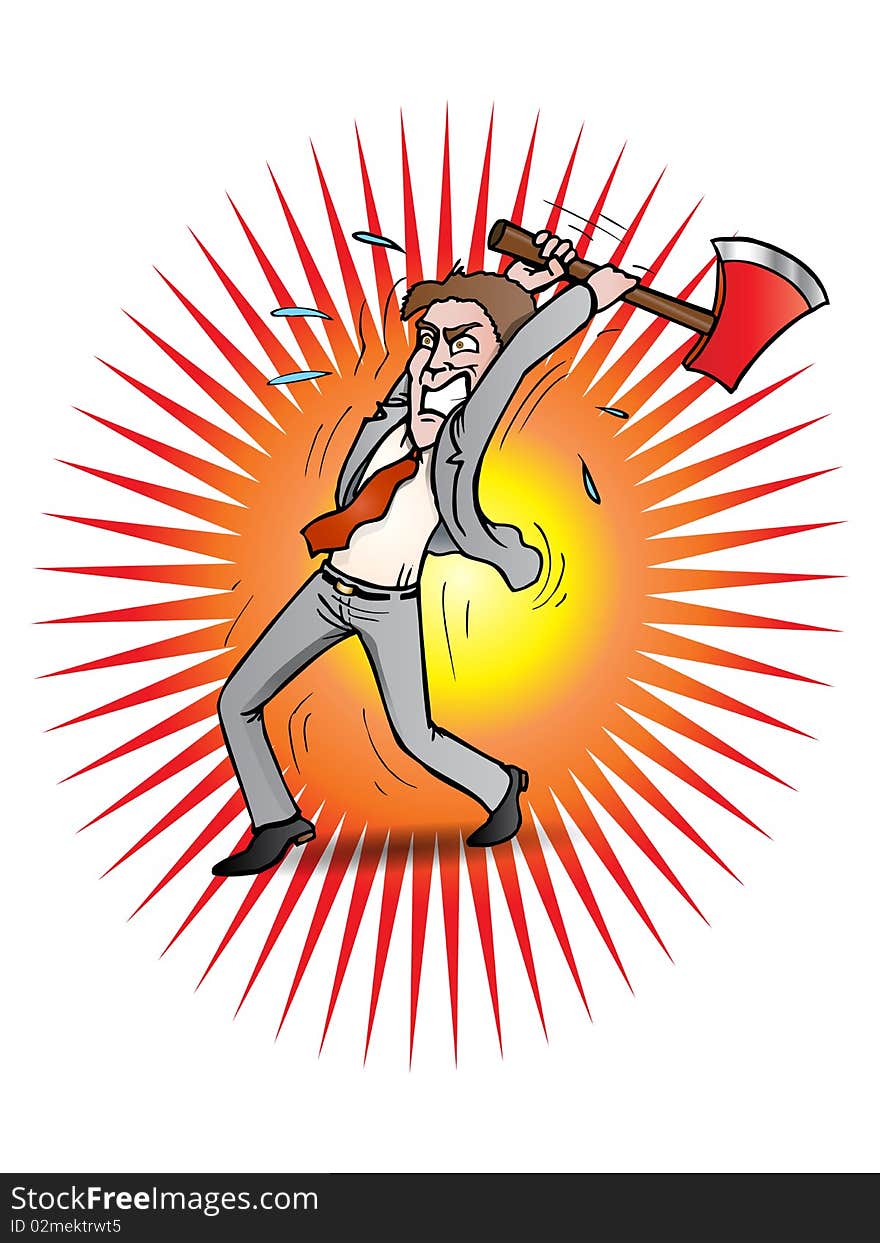 Angry Businessman destroying something using axe. Angry Businessman destroying something using axe