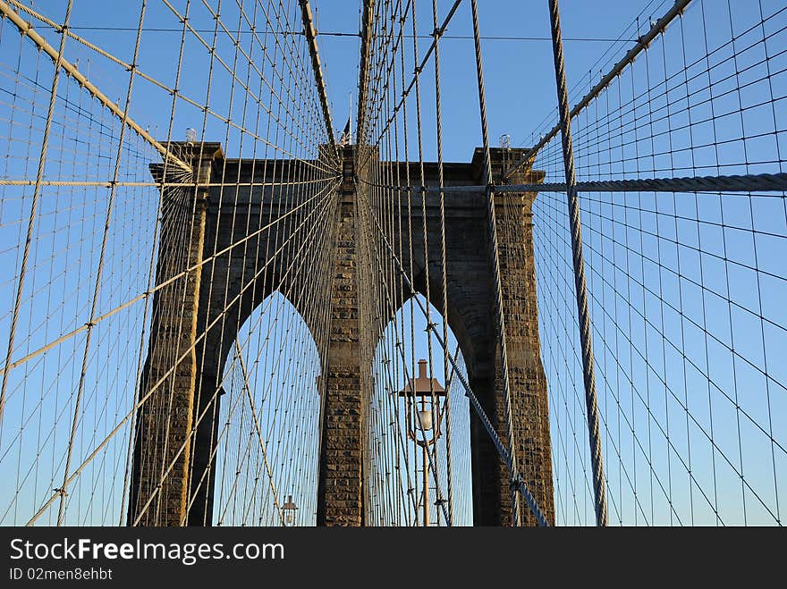 Looking up at the suspension of the Brooklyn Bridge. Looking up at the suspension of the Brooklyn Bridge.