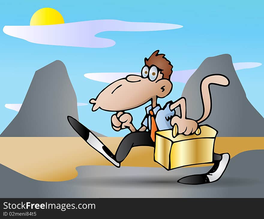 Monkey Businessman carrying a golden suitcase against nature background. Monkey Businessman carrying a golden suitcase against nature background