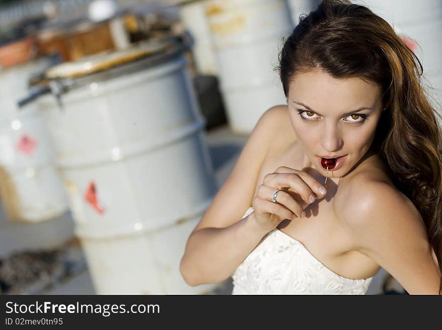 Bride On The Road Eating Cherry