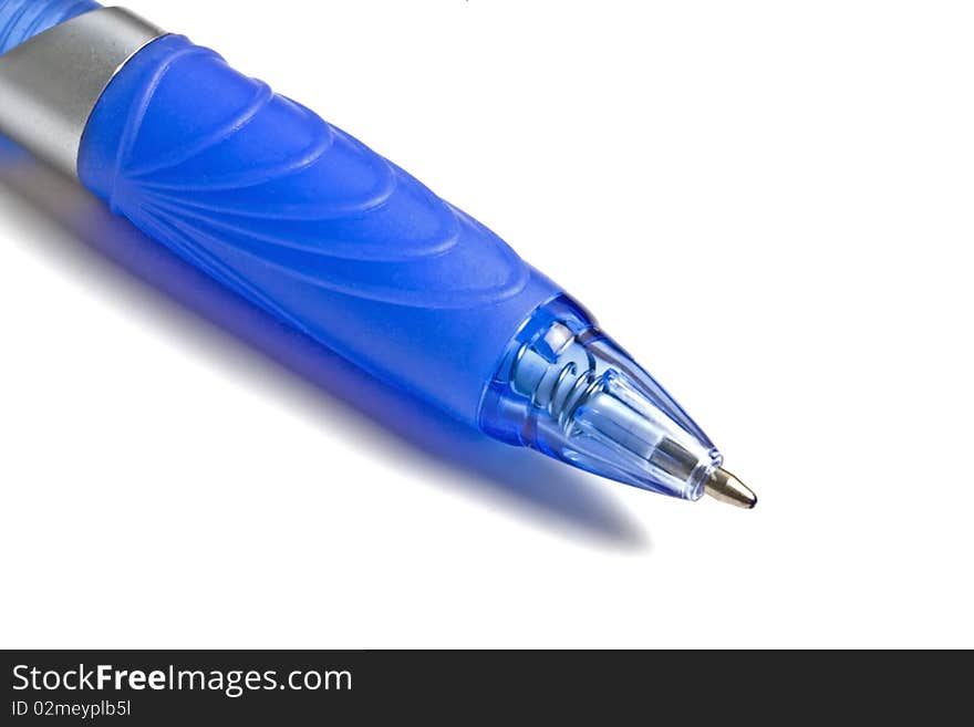 Blue pen closeup on the white background