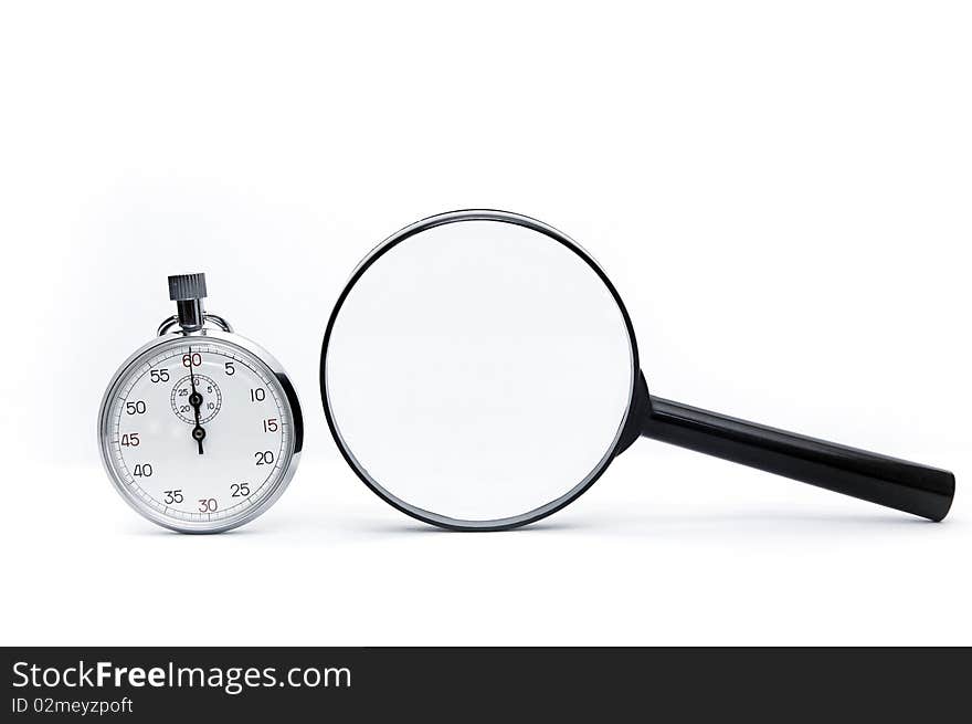 Stop watch and Magnifier Glass isolated on white