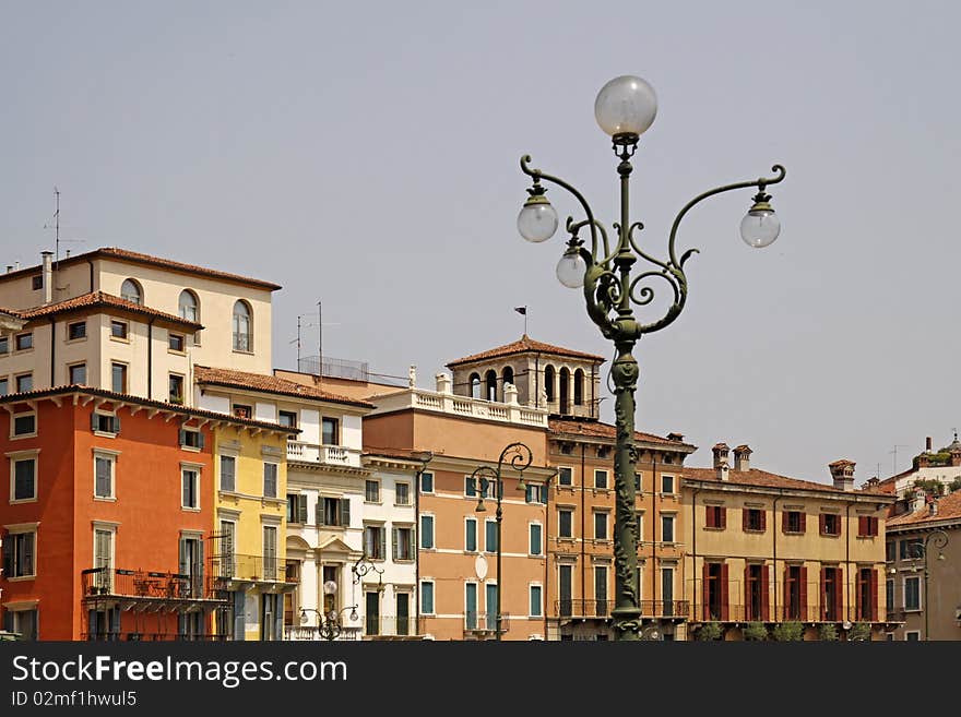 Verona, Piazza Bra with building facade in the region Veneto, Italy, Europe. Verona, Piazza Bra with building facade in the region Veneto, Italy, Europe