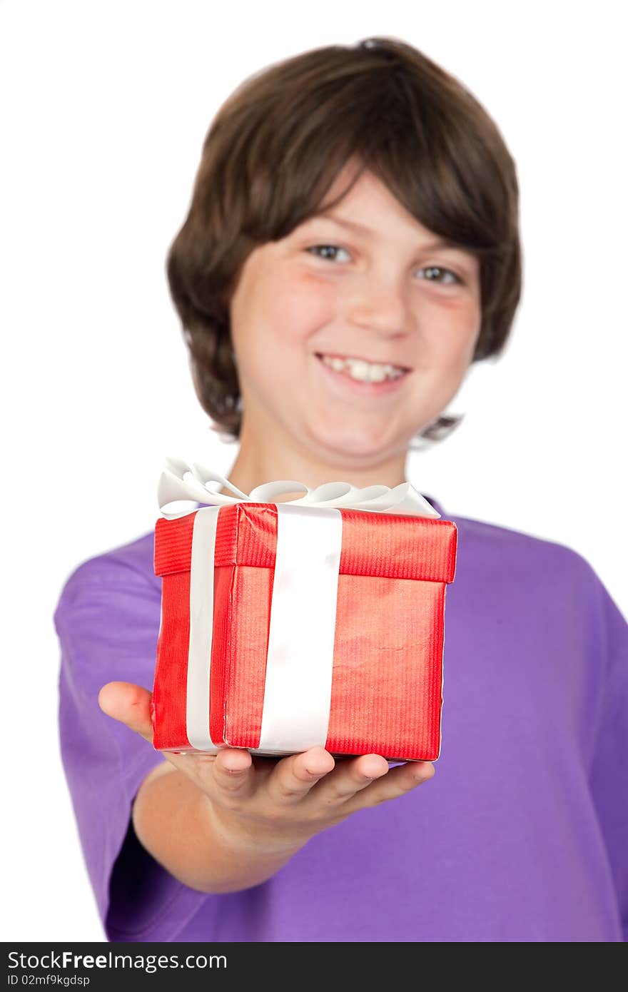 Boy with a gift isolated on white background with focus on the hand -DOF-. Boy with a gift isolated on white background with focus on the hand -DOF-