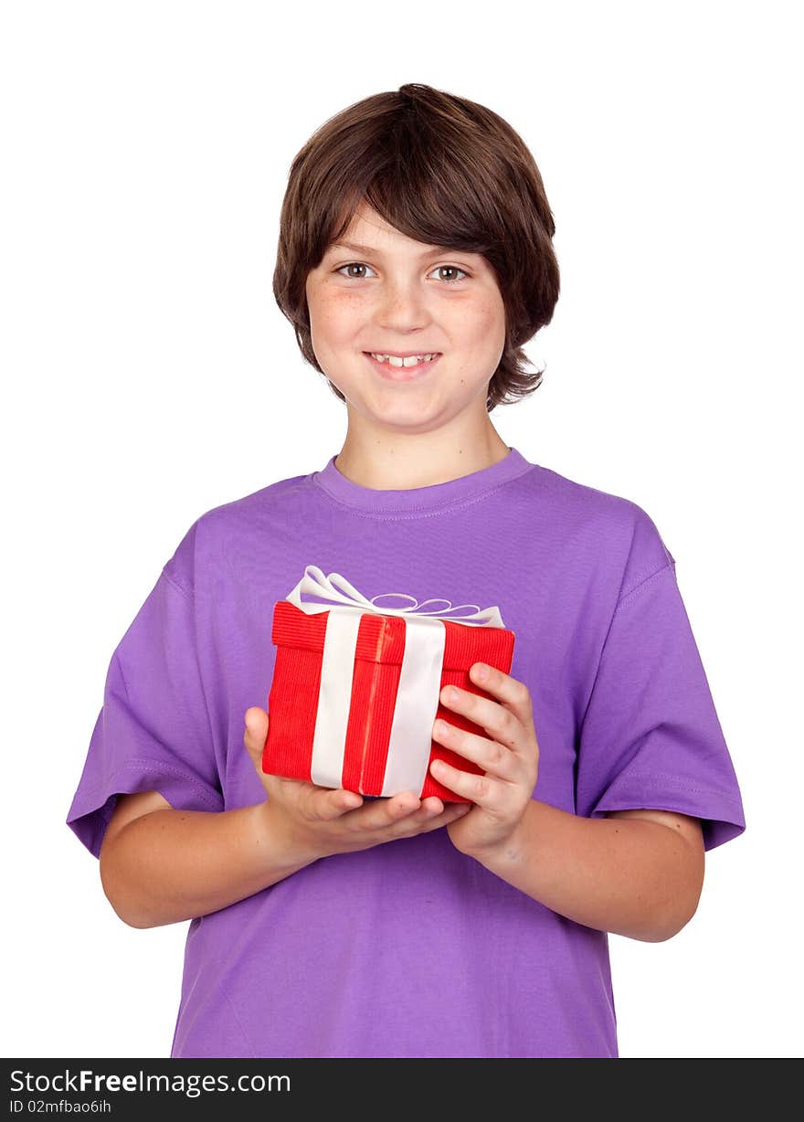 Boy with a gift isolated on white background