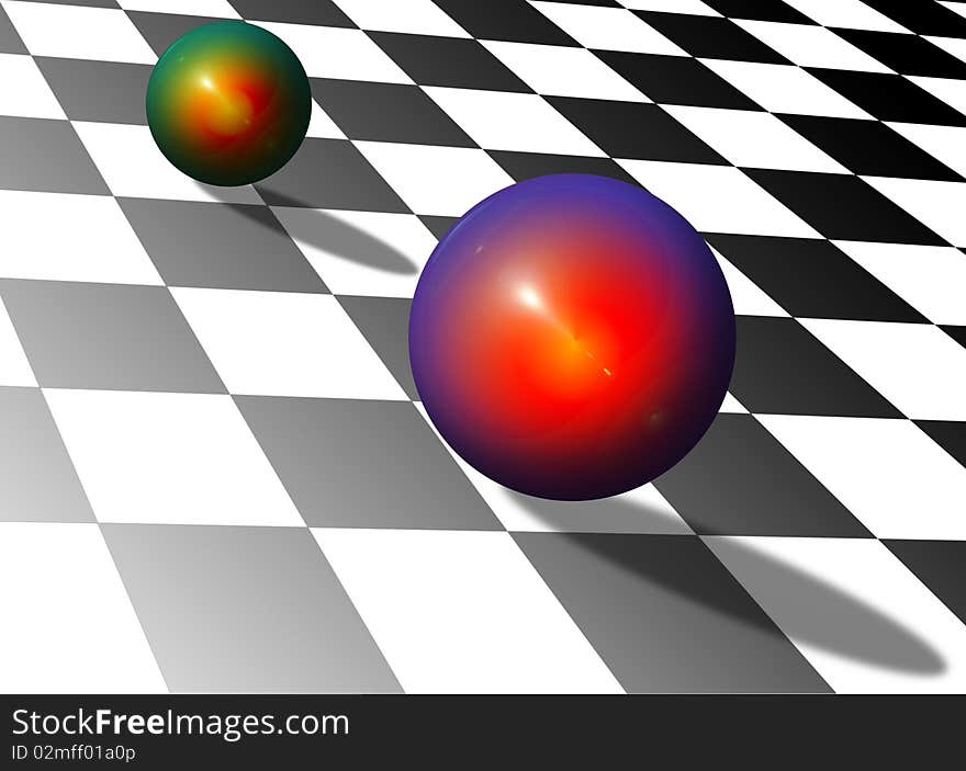 Two colorful polished spheres over a black and white checkers sloping surface. Two colorful polished spheres over a black and white checkers sloping surface