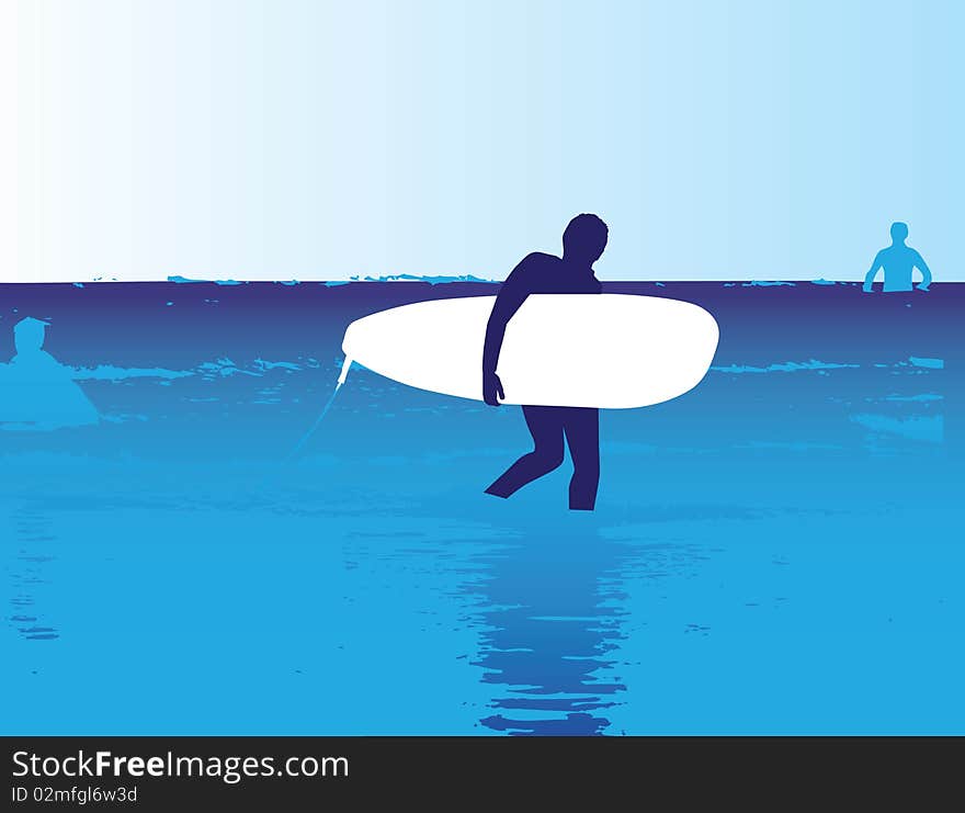 Surfer with board walking in the ocean as illustration. Surfer with board walking in the ocean as illustration