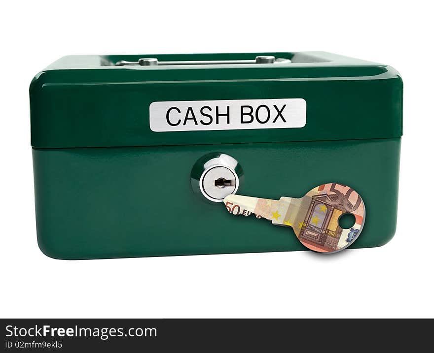 Cash box and a key wrapped with a euro note