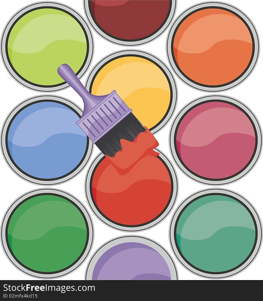 Colored paint buckets with paint brush on top. Editable  file.