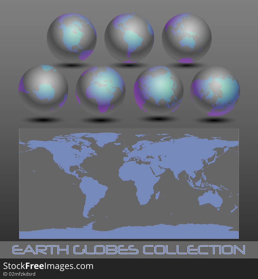 Collection of black earth globes end a map , vector illustration. Collection of black earth globes end a map , vector illustration