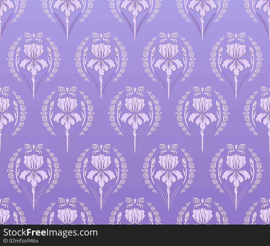 A seamless vintage floral ornament with irises. A seamless vintage floral ornament with irises.