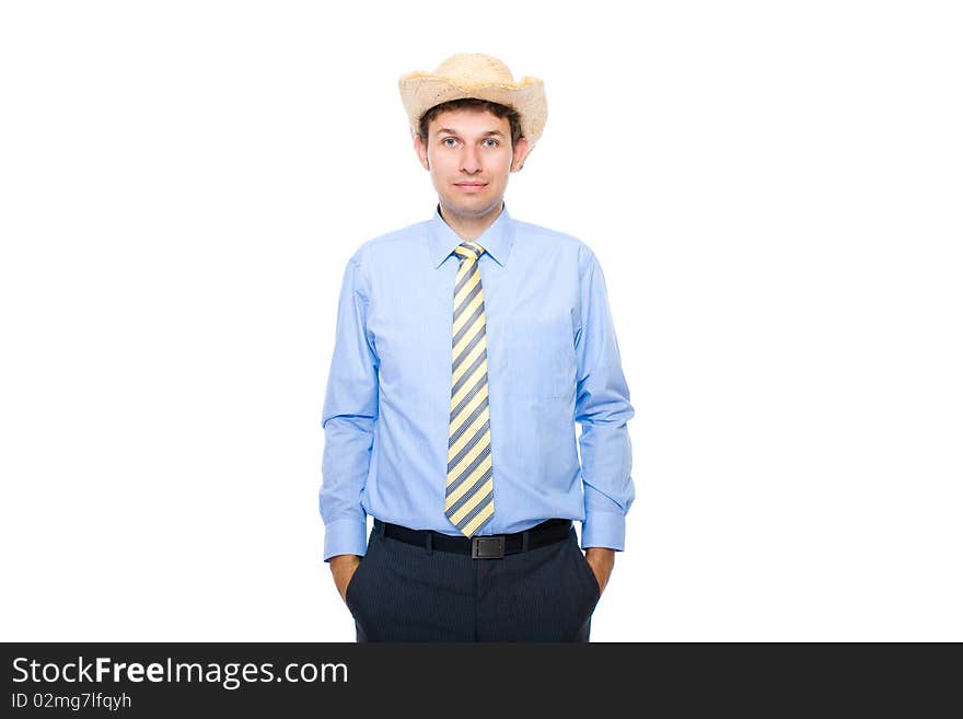 Businessman Wears Summer Hat, Isolated On White