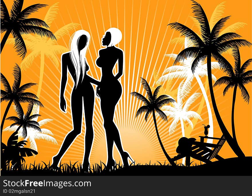 Vector illustration of Summer backgraund with womens silhouette