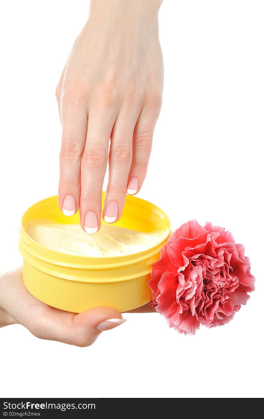 Beautiful hands with nail french manicure, cream