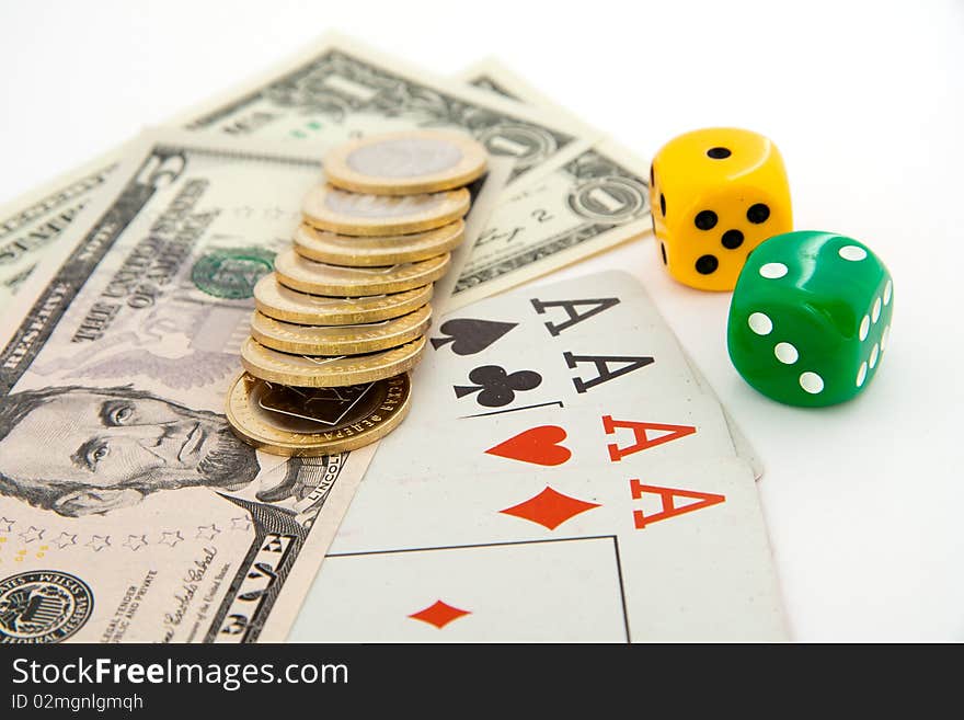 Dice and dollars. isolated on a white background