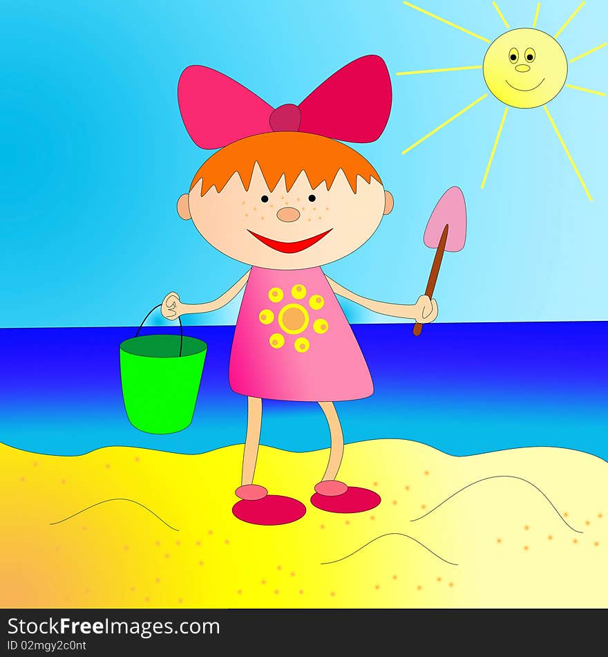 Bright funny little girl on the beach