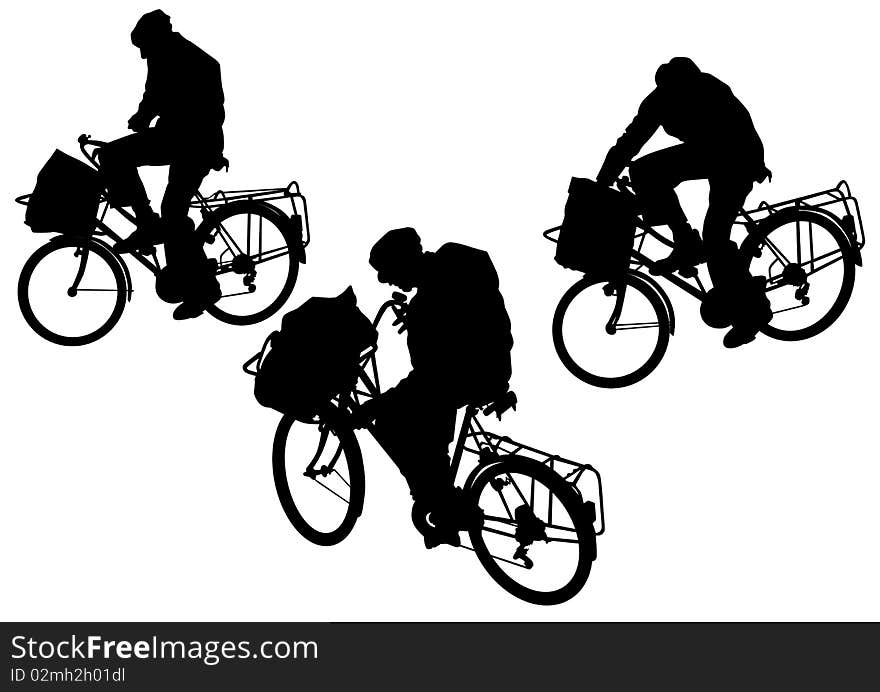 Drawing silhouette of a postman cyclist in motion. Silhouette on white background