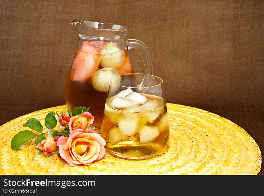 Drink with ice on colored background and contrasting. Drink with ice on colored background and contrasting