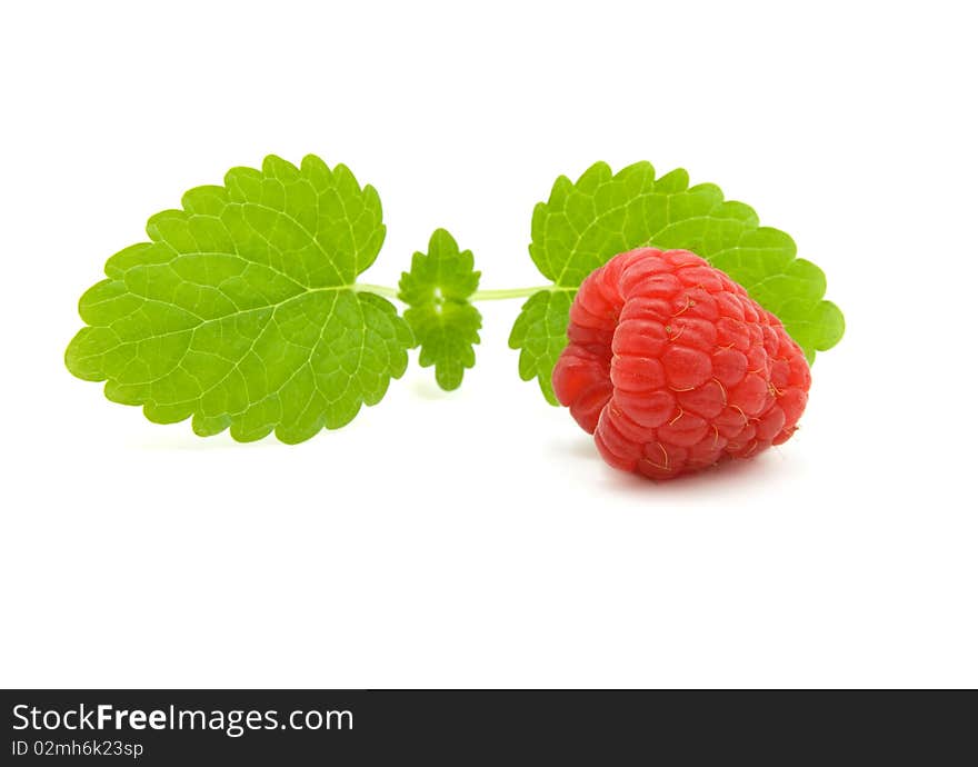 Raspberry with green leaves on white background