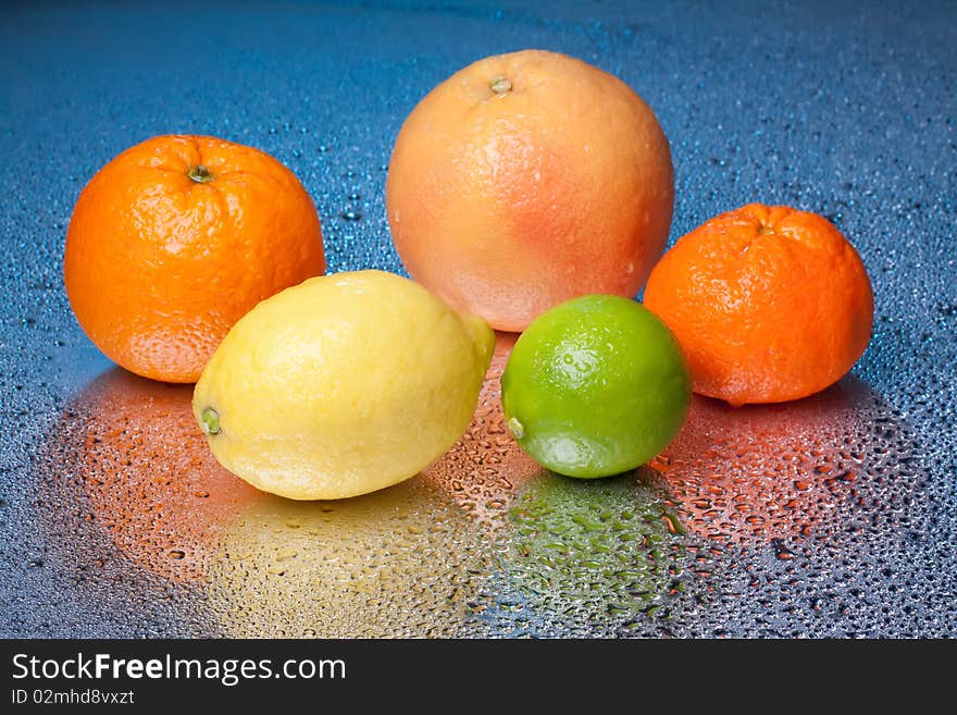 Arrangement of lemon, lime, tangerine, orange and grapefruit fruit. Arrangement of lemon, lime, tangerine, orange and grapefruit fruit