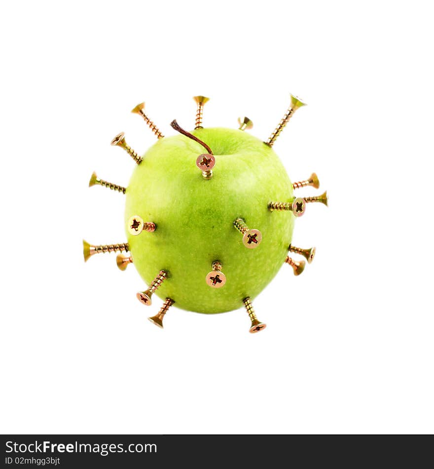 A apple with screws on white