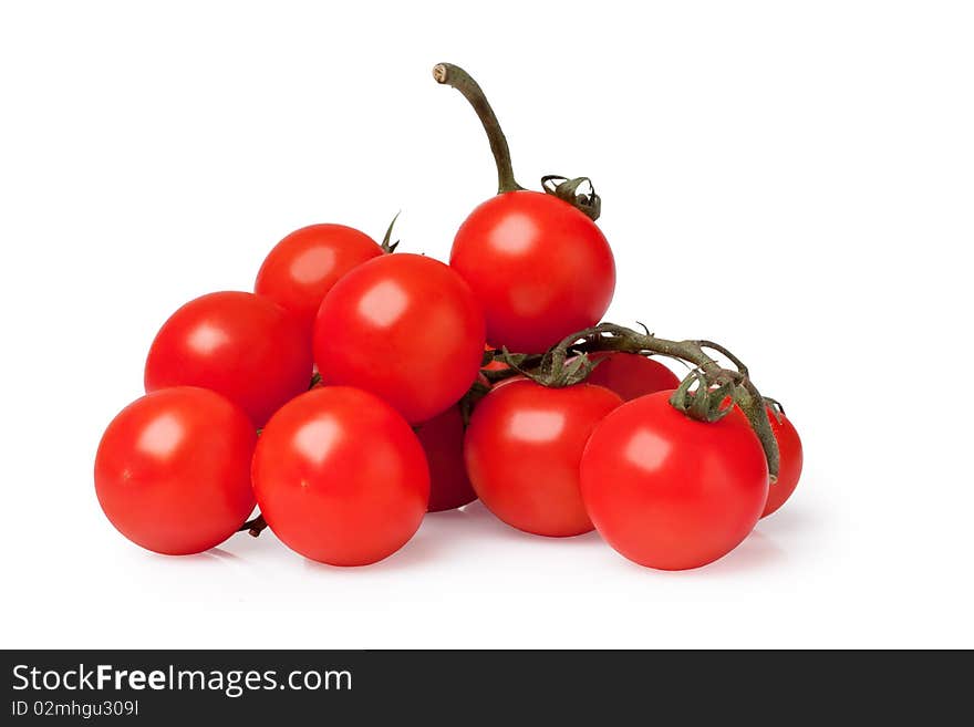 Bunch of fresh cherry tomato on white background