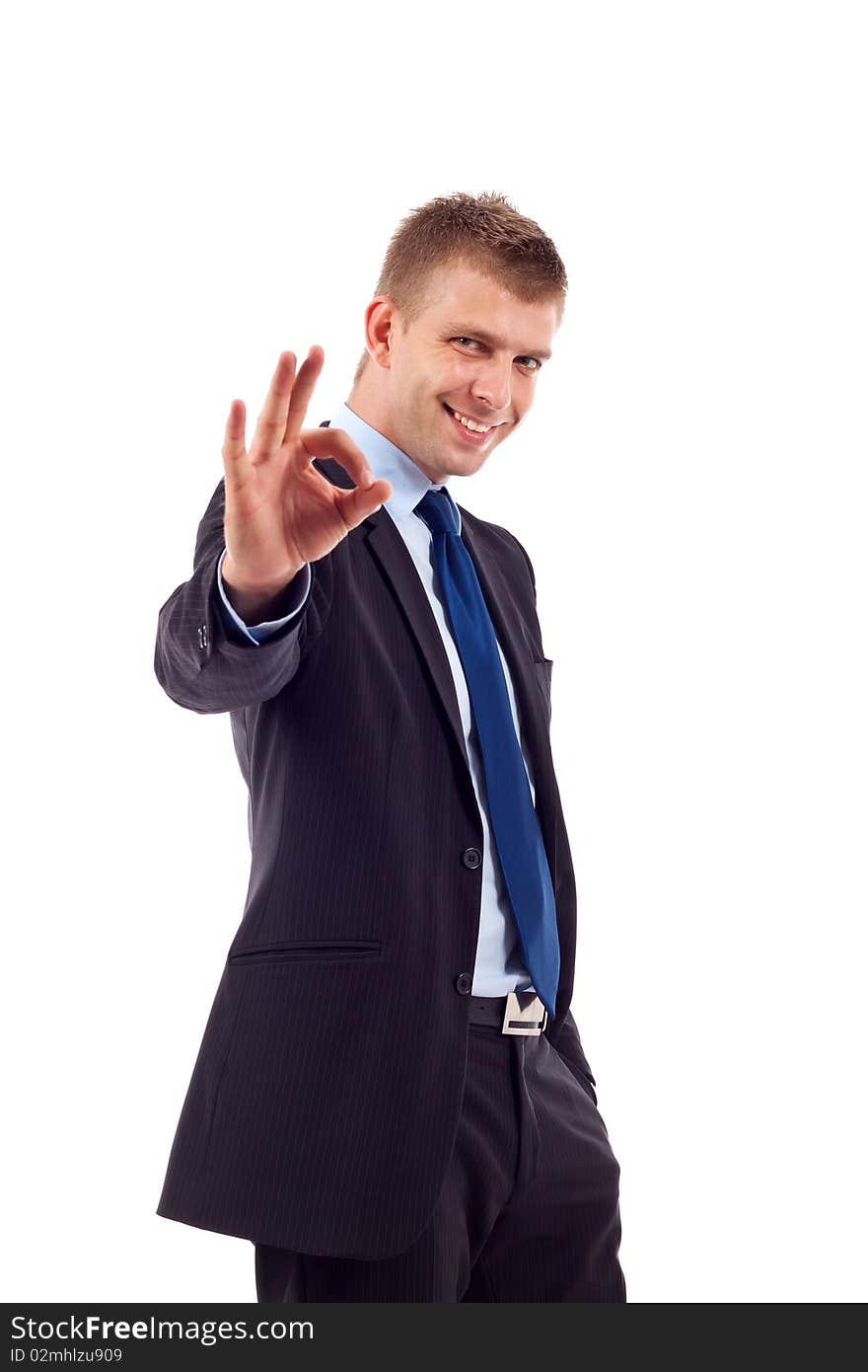 Handsome Businessman shot in studio isolated on white, making ok sign. Handsome Businessman shot in studio isolated on white, making ok sign