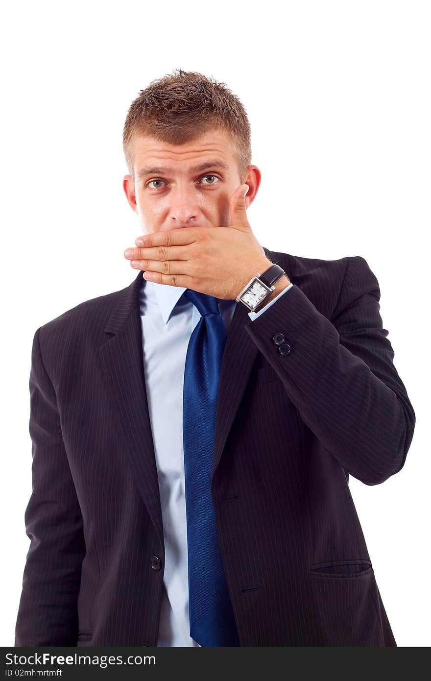 Business man making the speak no evil gesture over white