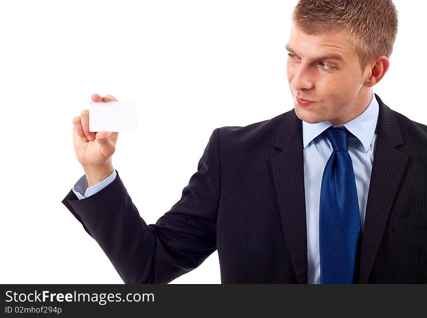 Business man holding a blank business card over white background. Business man holding a blank business card over white background