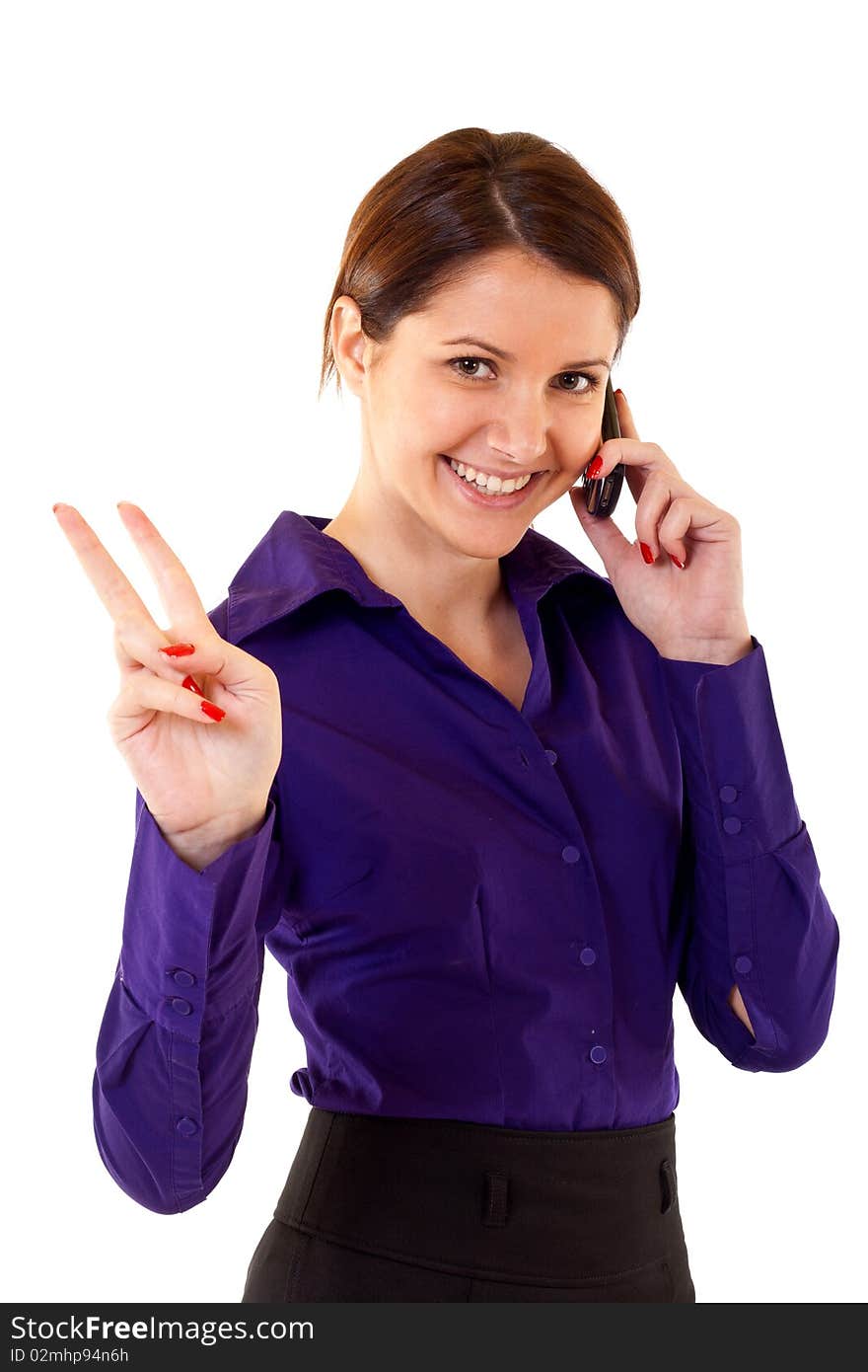 Happy businesswoman with phone and victory gesture, isolated. Happy businesswoman with phone and victory gesture, isolated