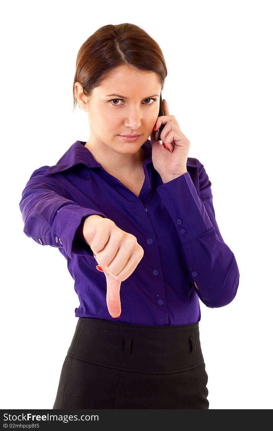 Woman with thumb down gesture and mobile phone