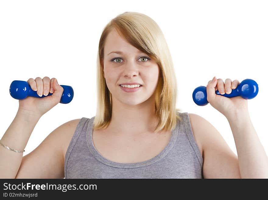 Young woman with dumbbell - isolated on white. Young woman with dumbbell - isolated on white