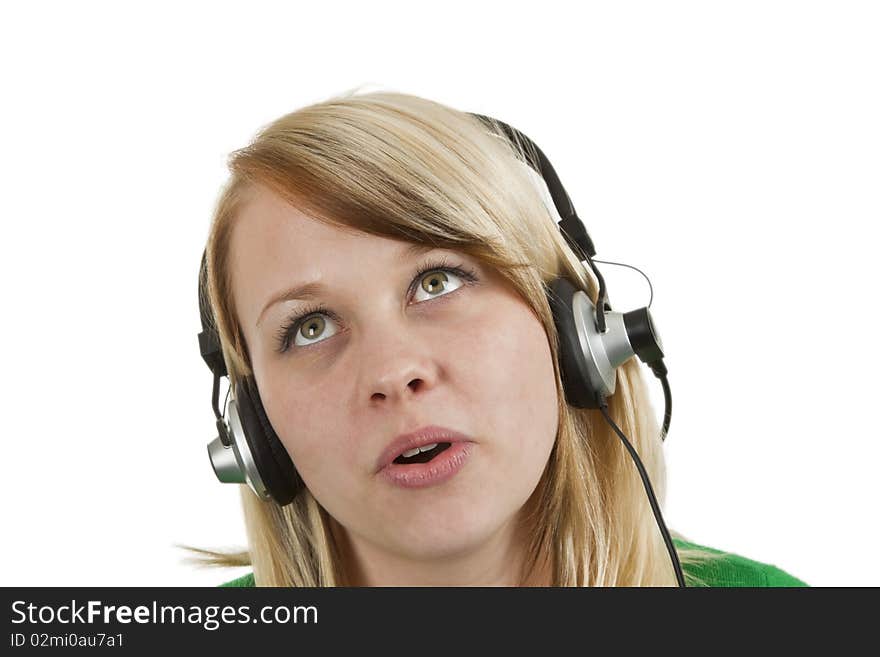 Young woman with headset on isolated white background. Young woman with headset on isolated white background.