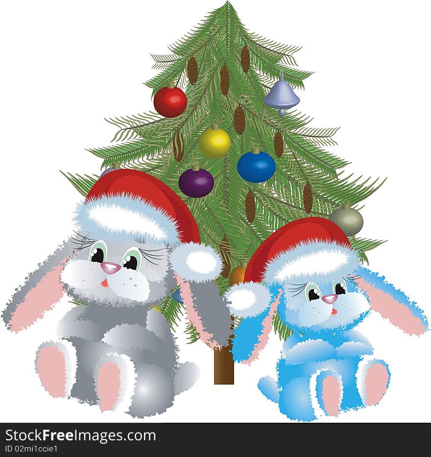 Two pretty Santa-hares sitting near fir-tree, isolated. Two pretty Santa-hares sitting near fir-tree, isolated