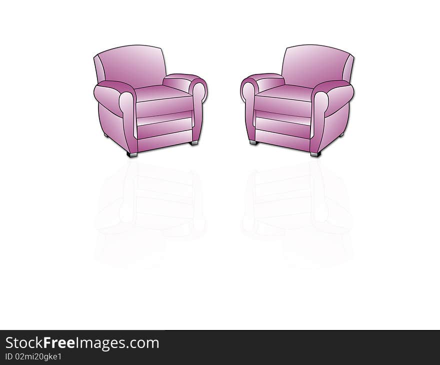 Two armchairs with reflections on a white background