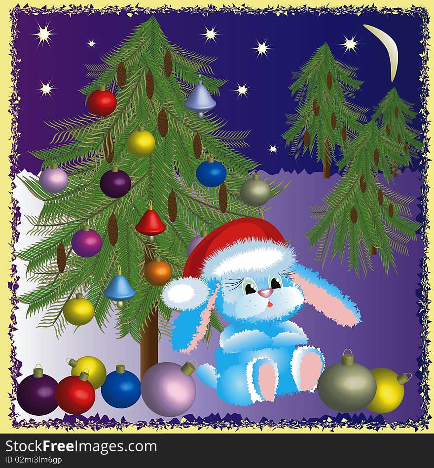 Santa-rabbit near the fir-tree in night . Santa-rabbit near the fir-tree in night .