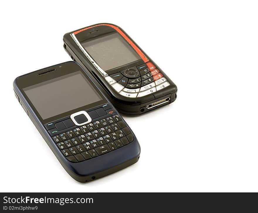 Two mobile phones on a white background