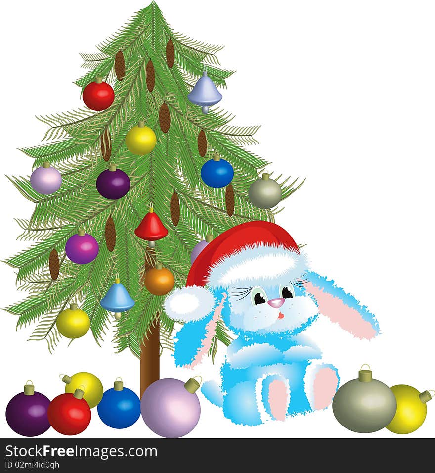 Santa rabbit near the fir-tree with glass balls. Santa rabbit near the fir-tree with glass balls.