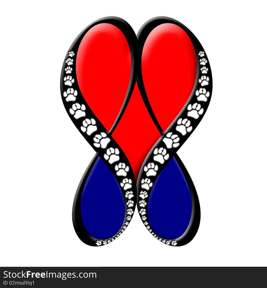 Beveled red and blue hearts created by infinity symbols and accented with embossed paw prints. Beveled red and blue hearts created by infinity symbols and accented with embossed paw prints