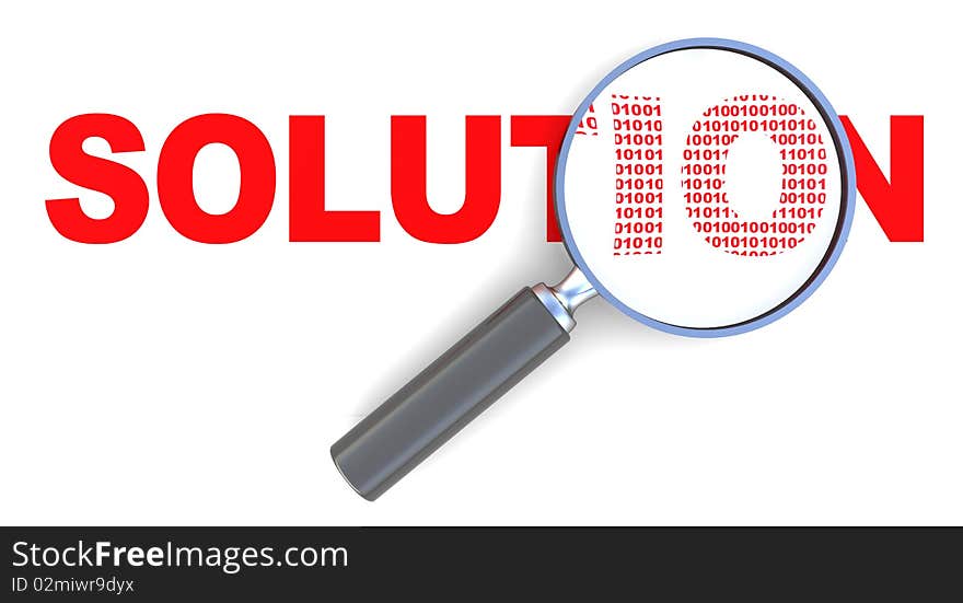 3d illustration of text 'solution' with magnify glass. 3d illustration of text 'solution' with magnify glass