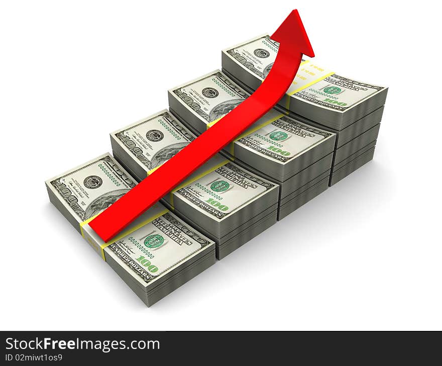 3d illustration of raising dollars chart with red arrow