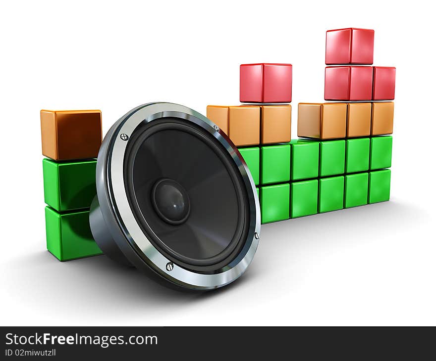 3d illustration of audio speaker and audio spectrum graph. 3d illustration of audio speaker and audio spectrum graph