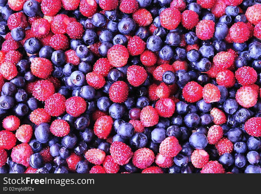 Background of forest wild strawberry and bilberry