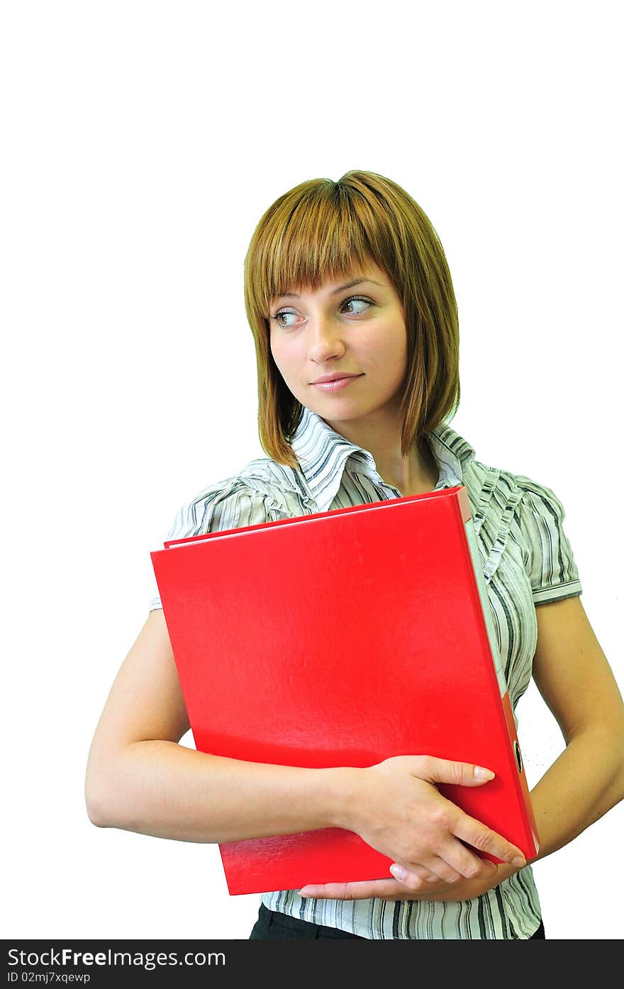 Isolated young woman with a red folder