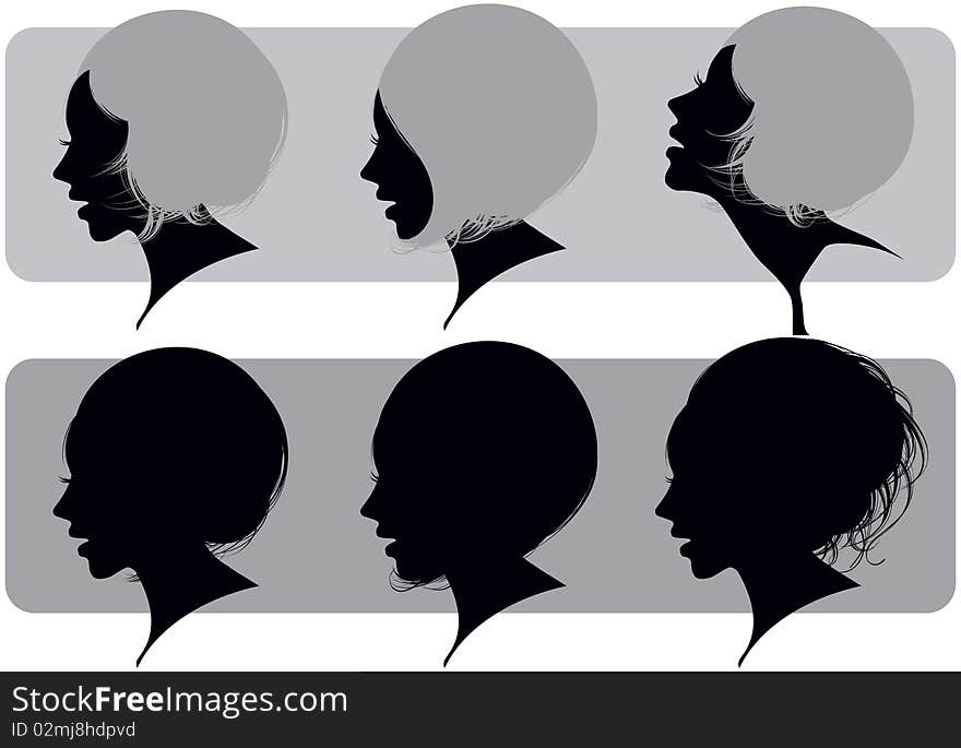 Silhouette of a female head with various hairdresses. Silhouette of a female head with various hairdresses