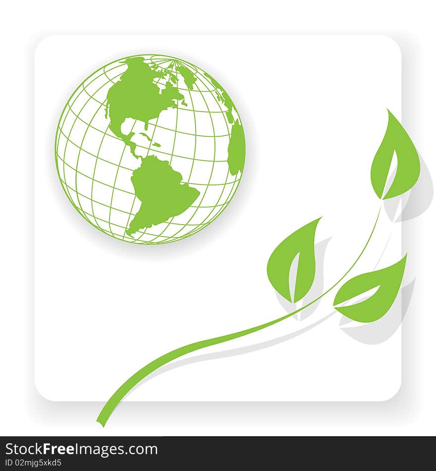 Illustration, green globe and green branch on white background. Illustration, green globe and green branch on white background