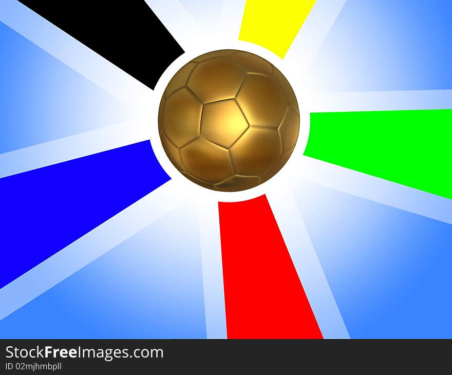 Gold soccer ball surrounded by bands of colors of the national flag of South Africa. Gold soccer ball surrounded by bands of colors of the national flag of South Africa