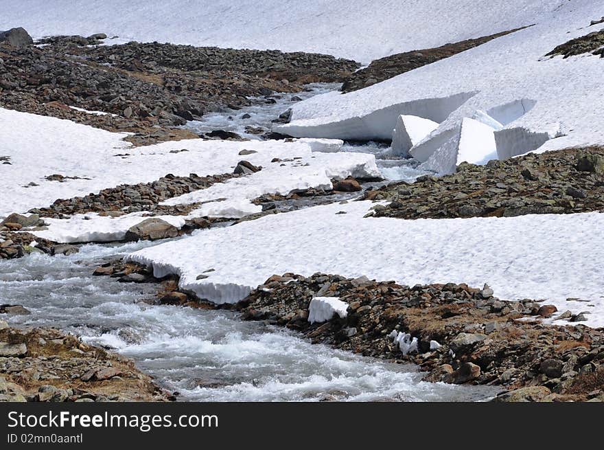 Mountain area connecting northern Europe (Austria) and southern Europe (Italy). Image shows a small river within stones and snow. Mountain area connecting northern Europe (Austria) and southern Europe (Italy). Image shows a small river within stones and snow.