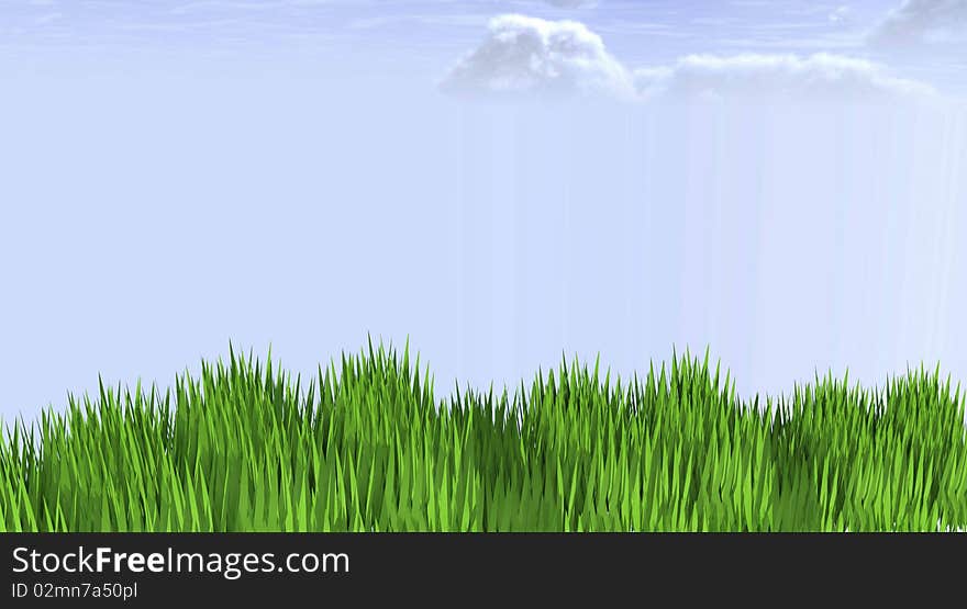 3D rendered green grass under the blue cloudy sky, horizontal background