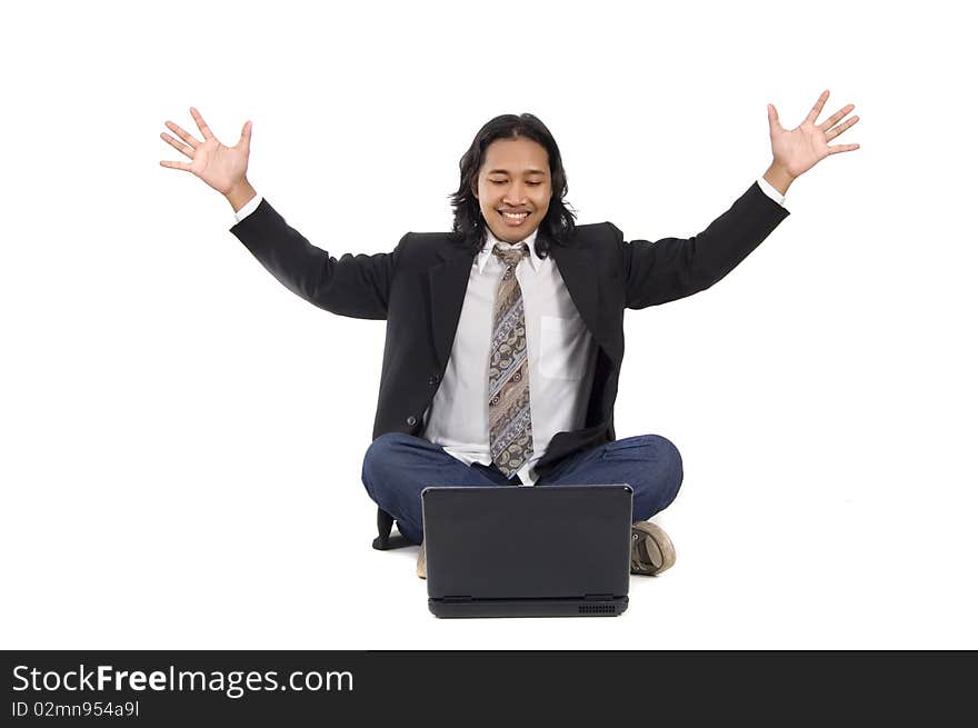 Long hair man sit on the floor, working with laptop, isolated on white. Long hair man sit on the floor, working with laptop, isolated on white